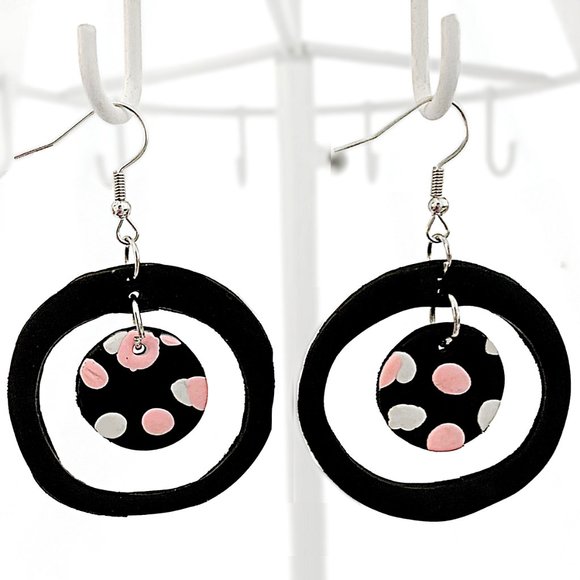 Polka Dot Hollow-Out Round Polymer Clay Dangle Drop Earrings - Picture 6 of 6